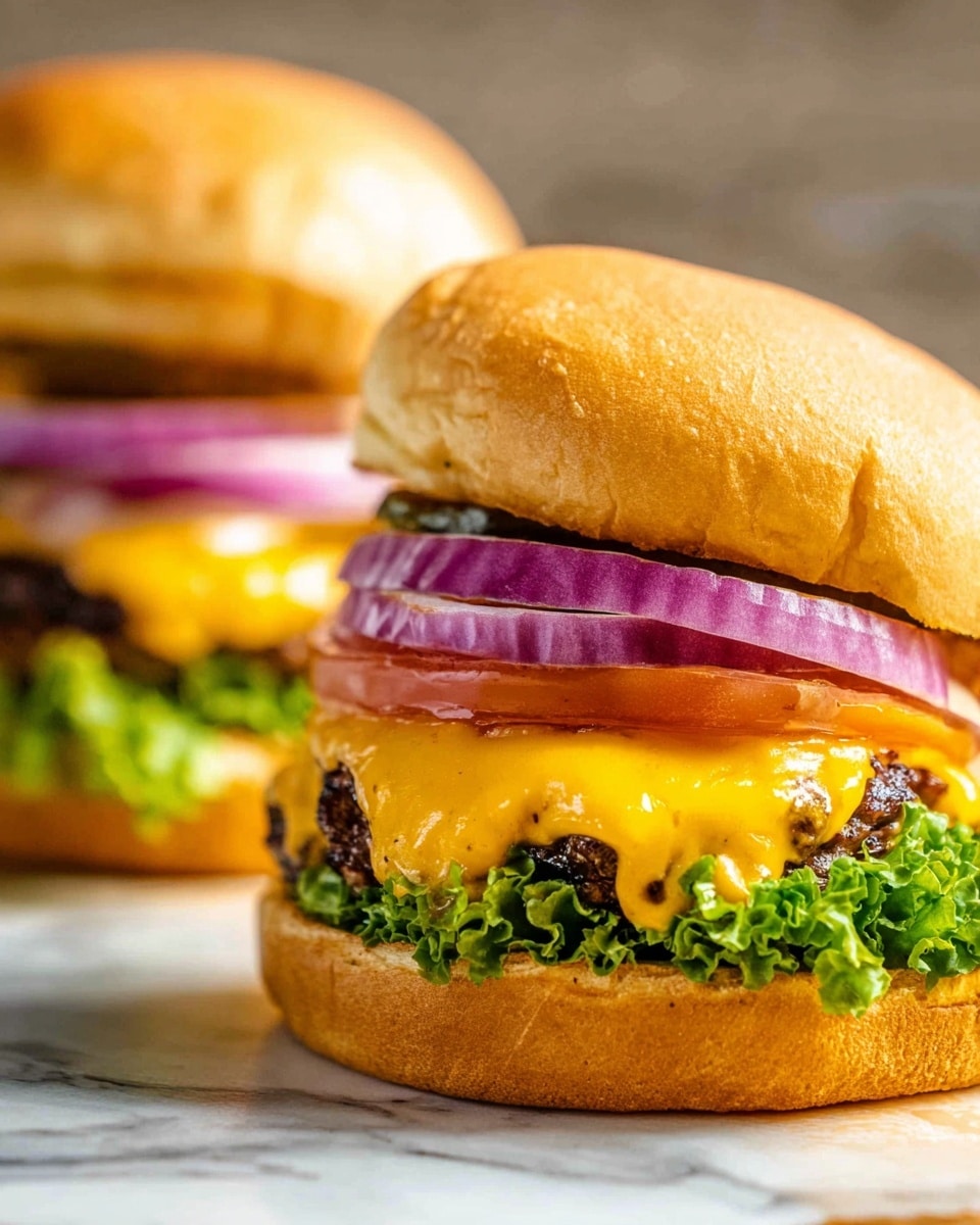 The image shows a close-up of two stacked cheeseburgers on a white marbled surface. Each burger has a soft golden-brown bun on top, followed by a thick purple onion slice, a bright red tomato slice, melted yellow cheese dripping over a dark grilled beef patty, fresh green curly lettuce, and the bottom golden-brown bun. The front burger is fully in focus, while the back burger is blurred, showing the same layers. The lighting highlights the textures and colors, making the food look fresh and tasty. photo taken with an iphone --ar 4:5 --v 7