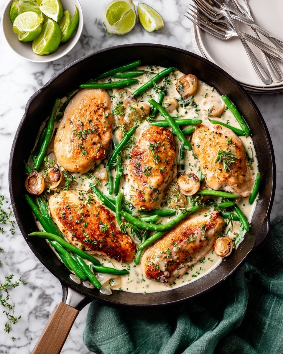 The image shows a black skillet filled with four golden-brown cooked chicken breasts in a creamy white sauce. Around the chicken, there are bright green whole beans and slices of light toasted garlic scattered on top, with fresh green herbs sprinkled over everything. The skillet rests on a green cloth on a white marbled surface. Next to the pan, there is a small white bowl of lime wedges and stacked white plates with two forks on the top plate. Photo taken with an iphone --ar 4:5 --v 7