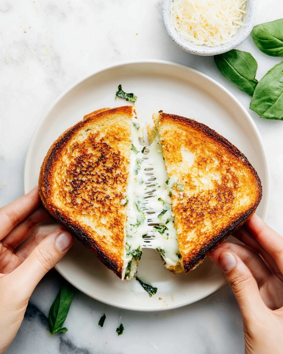 A grilled sandwich with two golden brown toasted bread slices on the outside, showing a crispy texture with slight browning and a few darker spots. Inside, there is one thick layer of melted white cheese mixed with bright green basil leaves, stretching as the sandwich is pulled apart by two woman's hands. The sandwich rests on a white plate, set on a white marbled surface. A small bowl with grated cheese and fresh basil leaves surround the plate. Photo taken with an iphone --ar 4:5 --v 7