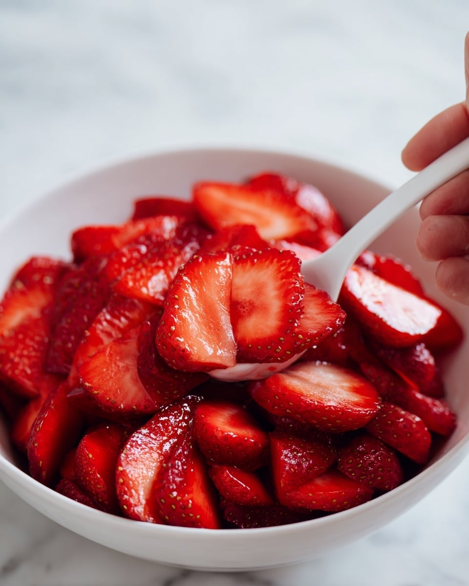 The image shows a close-up of many sliced strawberries arranged in layers inside a white bowl. The strawberries have a bright red color with visible seeds and juicy texture. The slices are thin and overlapping, filling the bowl almost to the top. The hand holding a white spoon is seen on the right, gently scooping some strawberries. The background has a smooth white marbled texture. photo taken with an iphone --ar 4:5 --v 7