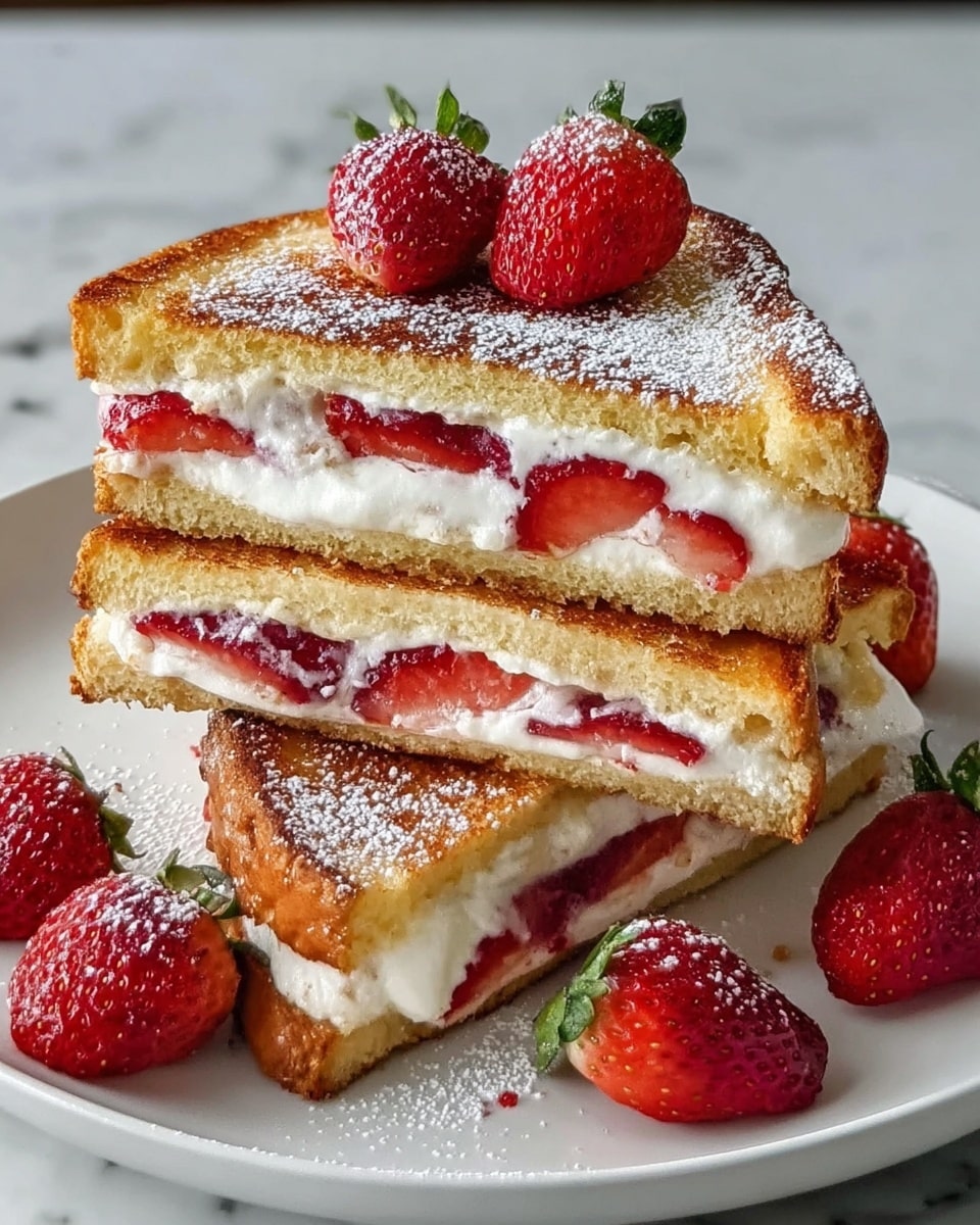 A white plate holds three triangular sandwich halves stacked unevenly. Each sandwich has three layers: the outer layers are golden toasted bread with a slightly crispy texture, and the middle layer features white cream with bright red strawberry slices evenly spread. Powdered sugar is lightly dusted on top of the sandwiches and on the plate. Several fresh strawberry halves are placed around the sandwiches as garnish. The plate is set on a white marbled surface. Photo taken with an iphone --ar 4:5 --v 7