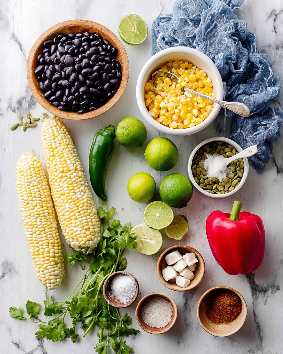 The image shows fresh cooking ingredients arranged on a white marbled surface. There are two partially peeled corn cobs at the bottom left, with bright yellow and white kernels, next to green cilantro leaves and a single green jalapeño pepper. Above the corn, a white bowl holds yellow corn kernels with a wooden spoon inside. To the left, a wooden bowl contains black beans with a silver spoon resting on top. Near the center, three whole green limes and one lime sliced in half reveal the juicy inside. On the right side, a crumpled blue cloth lies next to a small wooden measuring cup filled with green pumpkin seeds. Below this, a red bell pepper sits beside two small wooden bowls, one with white salt and the other with a white crumbly cheese. At the bottom right corner, two small white bowls contain ground spices, one brown and one reddish-brown. The colors are bright and the textures are smooth and fresh, with natural lighting highlighting the ingredients. Photo taken with an iphone --ar 4:5 --v 7