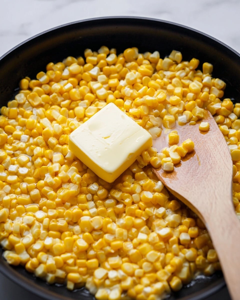 The image shows a close-up view of bright yellow corn kernels cooking in a black pan. In the middle, there is a square piece of melting butter sitting on top of the corn, starting to soften. A wooden spatula is on the right side, partially touching the kernels. The scene is set against a white marbled surface. Photo taken with an iphone --ar 4:5 --v 7