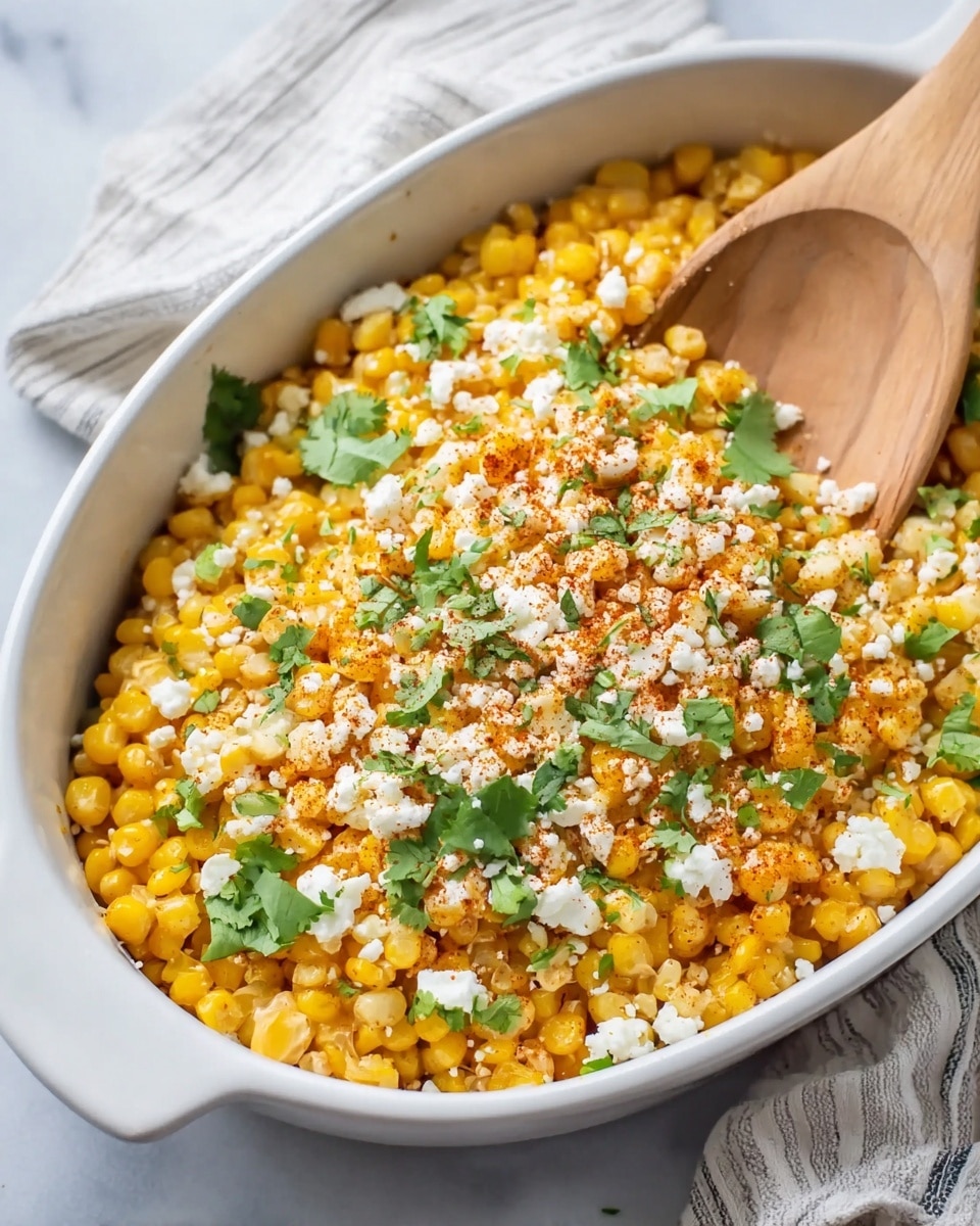 This image shows a white oval dish filled with seasoned yellow corn kernels. The corn is topped with crumbled white cheese and scattered pieces of green cilantro leaves, along with small bits of green chili or pepper. A light dusting of reddish paprika or chili powder is sprinkled over the top. A wooden spoon is partially buried in the corn on the right side of the dish. The dish is placed on a white marbled surface with a soft striped cloth nearby. Photo taken with an iphone --ar 4:5 --v 7