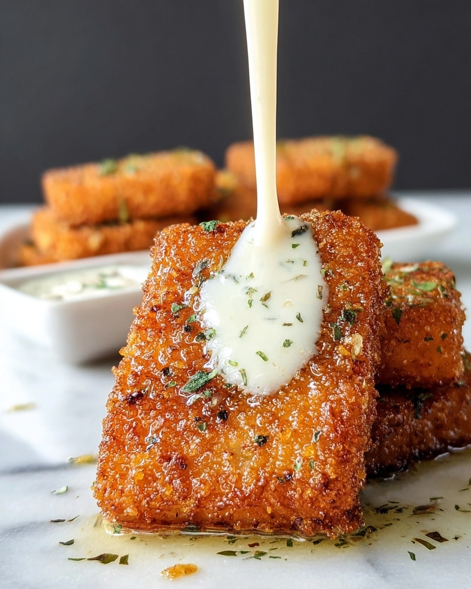 A close-up view of a rectangular, golden-brown crispy fried item sprinkled with green herbs, with a thick, creamy white sauce being poured down the top center, covering part of the front surface. The crispy texture shows small crunchy bits with a slightly shiny appearance from oil. In the blurred background, a white rectangular dish holds more of the fried pieces and a small container with the same creamy sauce. The entire scene rests on a white marbled surface with a dark, plain background. photo taken with an iphone --ar 4:5 --v 7