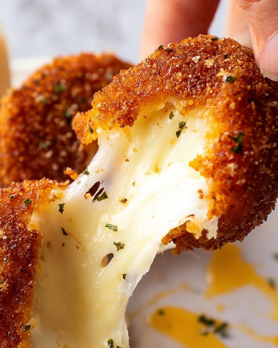 The image shows a close-up of a golden brown, crispy fried round piece of food being pulled apart by a woman's hand, revealing a thick, creamy, white melted cheese stretching in between. The fried outer layer is textured and seasoned lightly with small green herbs, showing a crunchy surface. The background is a white marbled texture with hints of yellow oil drops below, giving a fresh and clean look. Photo taken with an iphone --ar 4:5 --v 7
