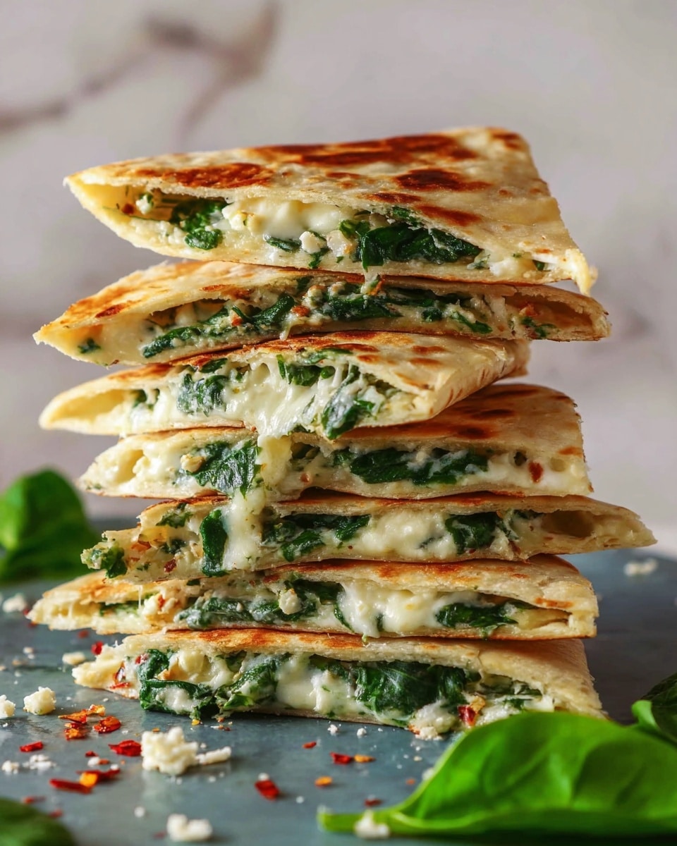 A tall stack of six triangular flatbread pieces filled with melted white cheese and bright green spinach leaves. Each piece is thin and golden brown with slightly crisp edges, showing a gooey, creamy cheese texture mixed with vibrant spinach inside. The layers of flatbread and filling alternate, and the stack sits on a flat surface with small bits of cheese and red chili flakes scattered around. A fresh spinach leaf is partially visible in the bottom right corner. The background is a white marbled texture with soft lighting highlighting the warm colors of the flatbread and the freshness of the greens. photo taken with an iphone --ar 4:5 --v 7