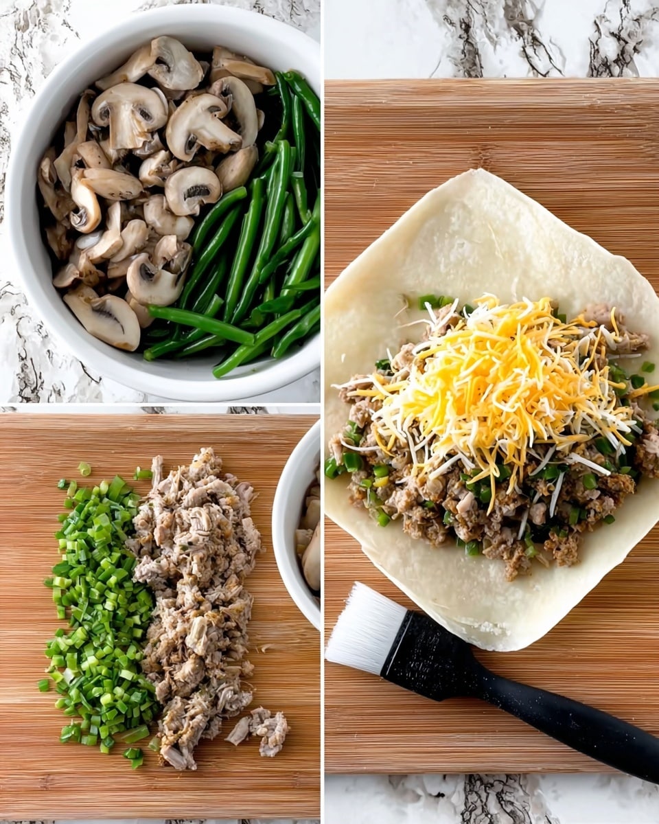 The image shows three parts. The first part is a white bowl containing whole green beans, sliced mushrooms, and pieces of cooked meat, all separated but close to each other. The second part is the same bowl, but the ingredients are chopped small and mixed together with green vegetable pieces visible. The third part shows a square white dumpling wrapper on a wooden surface, with a layer of mixed shredded yellow and white cheese, topped with a heap of the chopped meat and vegetable mixture. Next to the dumpling wrapper is a black brush with white bristles resting on the wooden surface. The background has a white marbled texture. Photo taken with an iphone --ar 4:5 --v 7