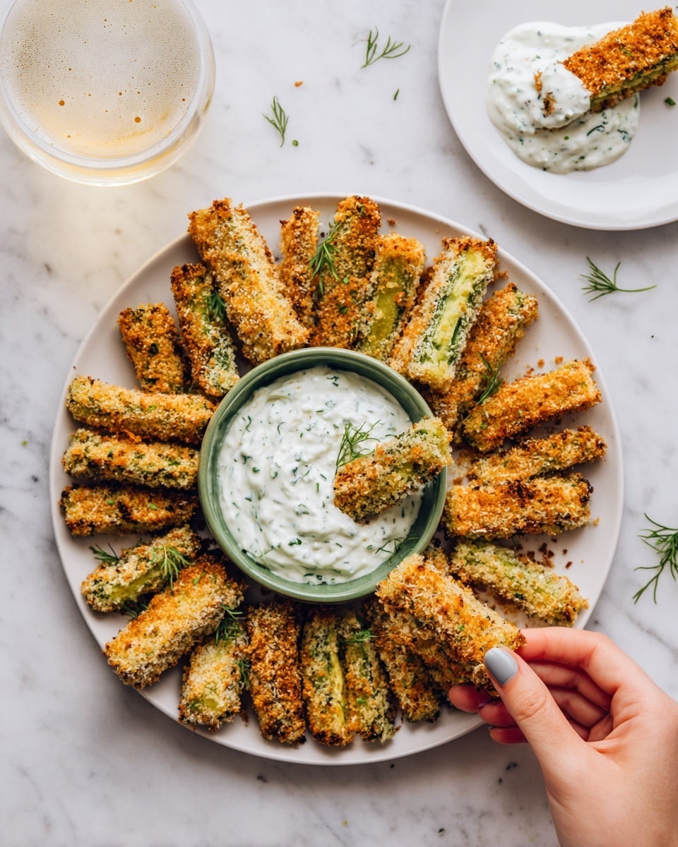 A white round plate filled with many golden brown crispy fried sticks, some showing green inside, arranged around a small green bowl in the center filled with thick creamy white sauce with green herbs mixed in. Nearby, a white plate holds one fried stick resting on a dollop of the same sauce, with a woman's hand slightly reaching toward it. The whole scene is set on a white marbled surface, with a glass of frothy drink at the top left corner. photo taken with an iphone --ar 4:5 --v 7