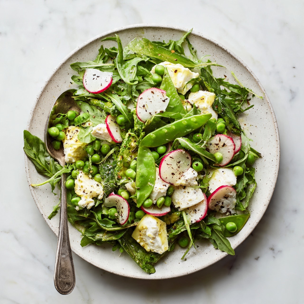 A fresh salad is shown in a round white speckled plate on a white marbled surface. The salad has several layers: the base is made up of dark green arugula leaves, topped with bright green chopped snap peas and whole snap pea pods. Scattered thin slices of red and white radishes add a splash of color among the greens. Small chunks of soft-looking white cheese are spread evenly throughout the salad, with a light sprinkle of black pepper on top. A silver spoon rests inside the plate on the left side, partially under the salad. The overall look is fresh, vibrant, and crisp, photo taken with an iphone --ar 4:5 --v 7