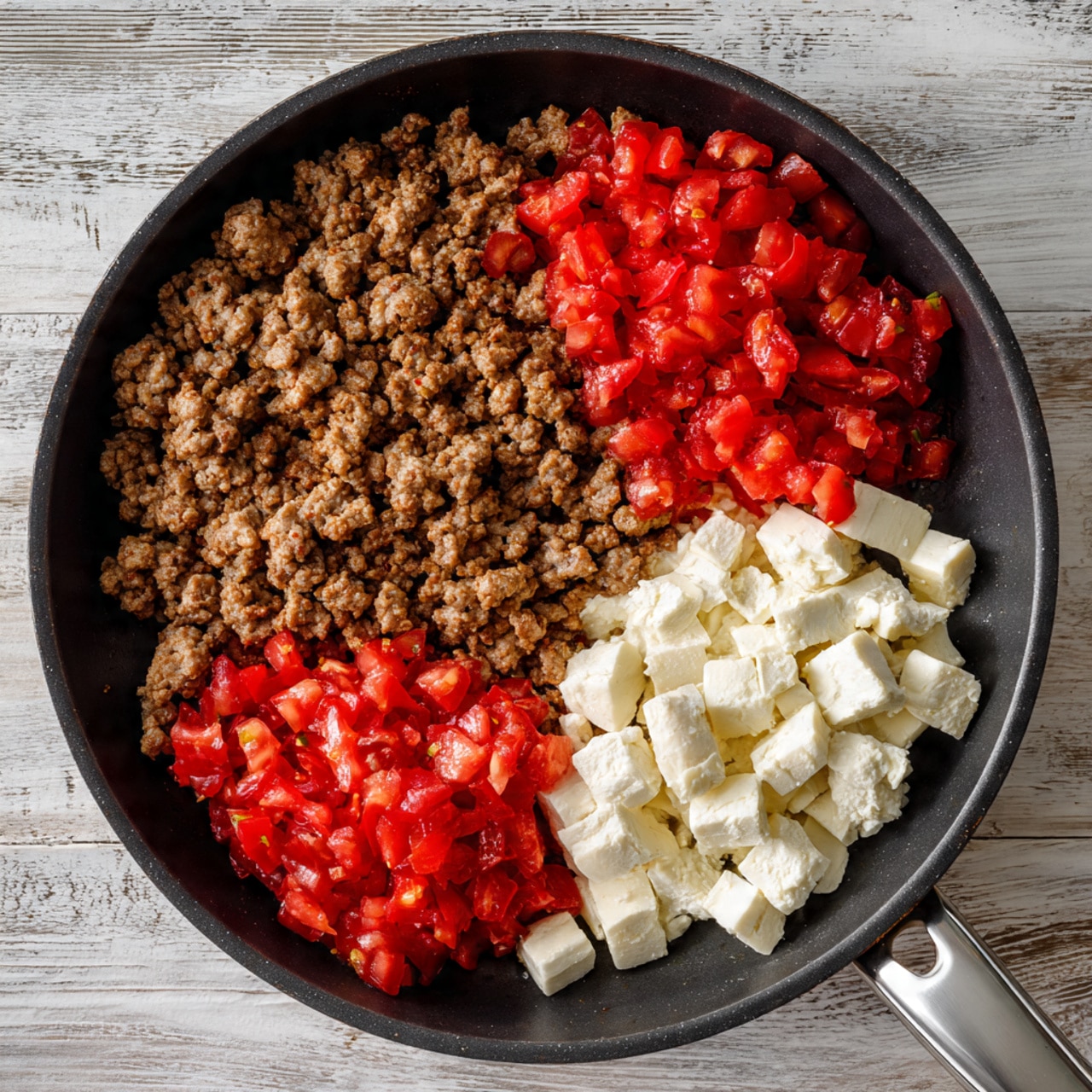 A black frying pan holds three main layers of food arranged side by side on a white marbled surface. The largest layer is browned cooked ground meat, spread unevenly with a rough texture and small crispy bits. To one side, there is a pile of bright red cooked, chopped tomatoes with a juicy and chunky texture. On the opposite side, there are white chunks of soft cheese with a smooth texture. The pan handle is silver, and the image is taken from above, showing a rustic wooden table beneath it. photo taken with an iphone --ar 4:5 --v 7