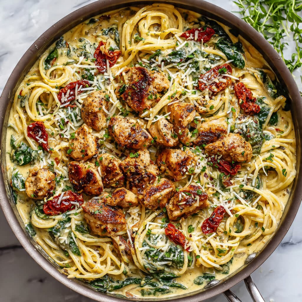 Creamy Pesto Chicken Pasta with Sun-Dried Tomatoes and Spinach Recipe