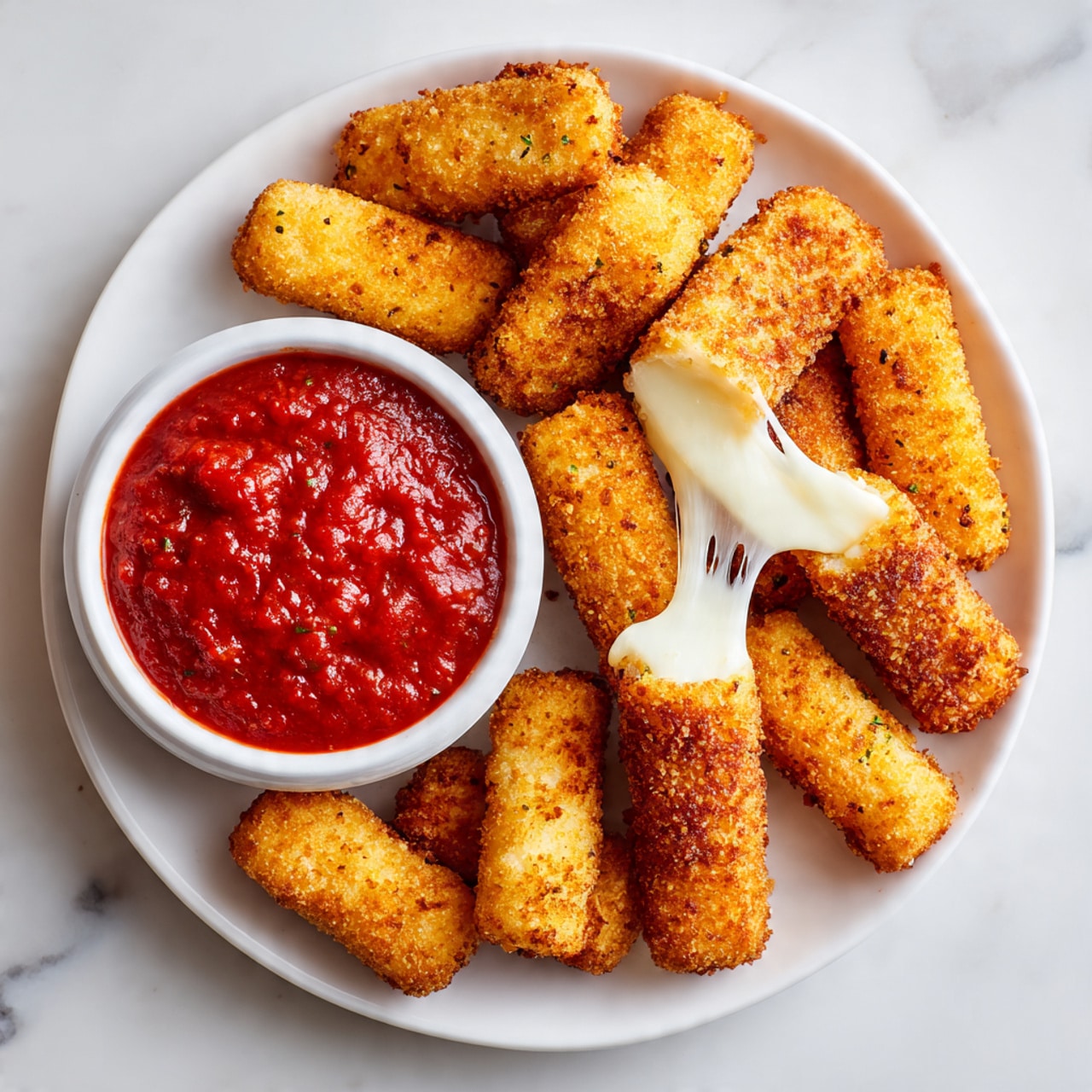 A round white plate with about sixteen golden-brown, crispy fried sticks arranged in a loose pile. One stick in the center is broken open, showing white melted cheese stretching out in a strand. To the side of the plate is a small white bowl filled with thick red tomato sauce that has visible tomato chunks and some herbs. The plate is placed on a white marbled texture surface. photo taken with an iphone --ar 4:5 --v 7