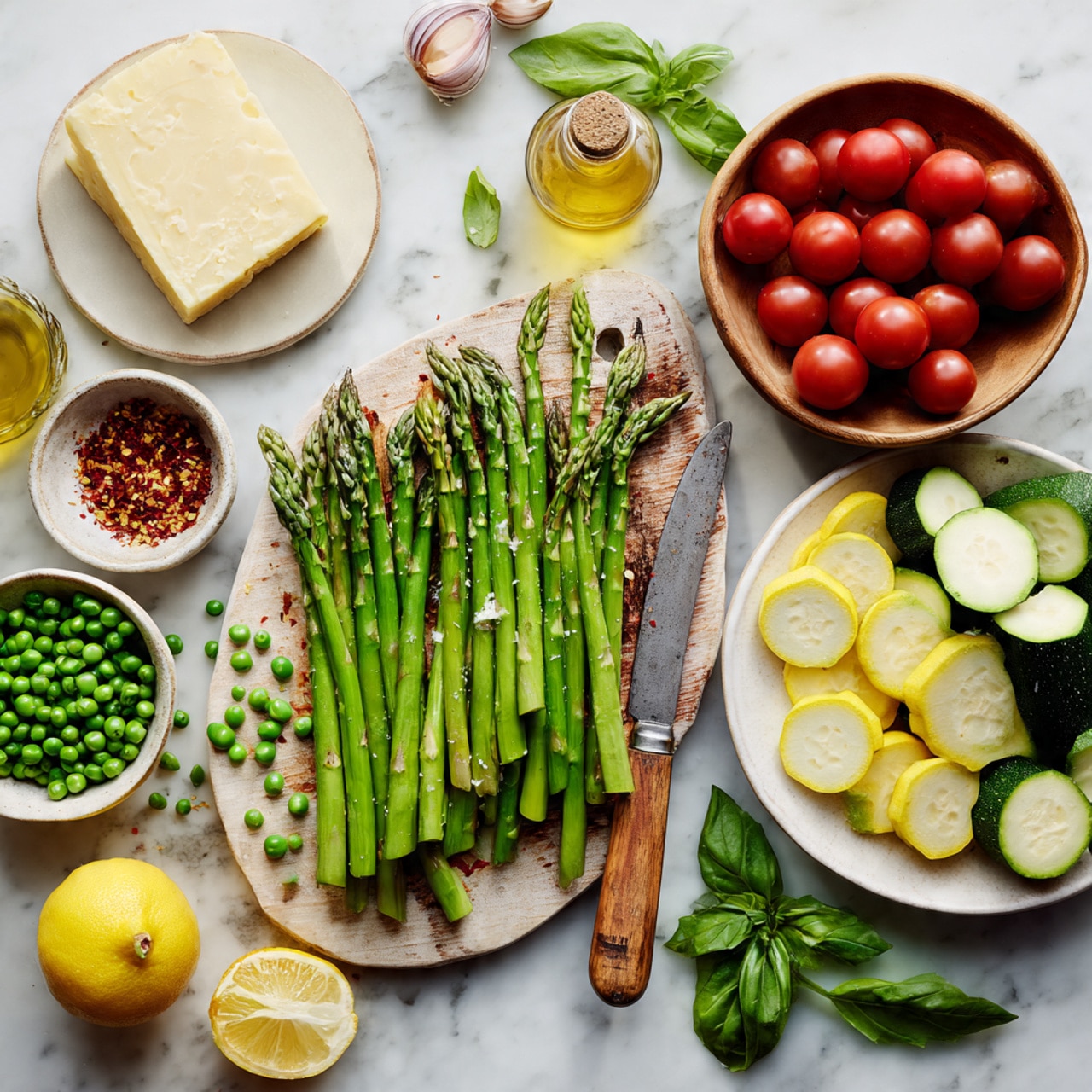 The image shows fresh ingredients arranged on a white marbled surface, with a wooden board in the center. On the board, there are bright green asparagus stalks lined up horizontally and some small green peas scattered around. A worn knife with a wooden handle rests on the board, pointing diagonally. To the right, a white bowl holds sliced green zucchini and yellow squash with a few garlic cloves on top. Above this is a wooden bowl filled with shiny red grape tomatoes. To the upper left, a white plate holds a block of pale yellow cheese next to a small beige bowl filled with red chili flakes. Close to the bottom left, a small white bowl is filled with green peas, and nearby is a half red onion. Two yellow lemon halves are positioned near the board’s bottom edge. A small glass bottle with golden olive oil and several fresh green basil leaves complete the setup. Photo taken with an iphone --ar 4:5 --v 7