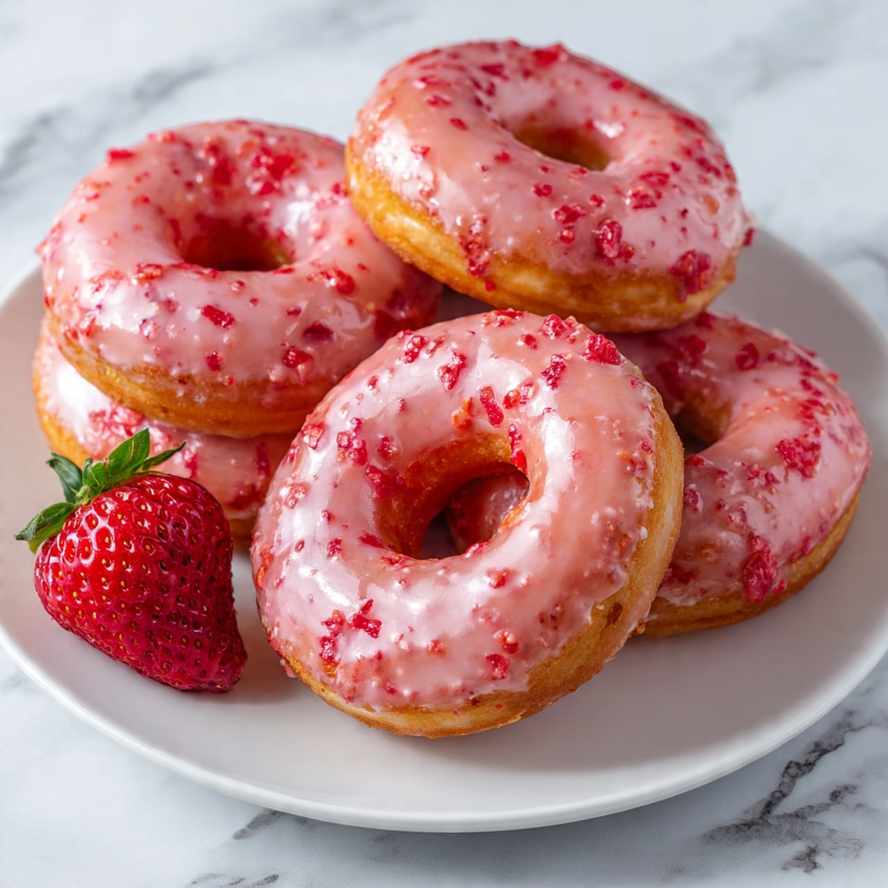 There are five round donuts on a white plate, each with a shiny pink glaze that has small red pieces mixed in, giving a slightly uneven texture. The donuts have a light golden brown base visible around the edges, and each has a hole in the middle. On the plate near the donuts is one fresh red strawberry with green leaves. The plate is set on a white marbled surface. photo taken with an iphone --ar 4:5 --v 7