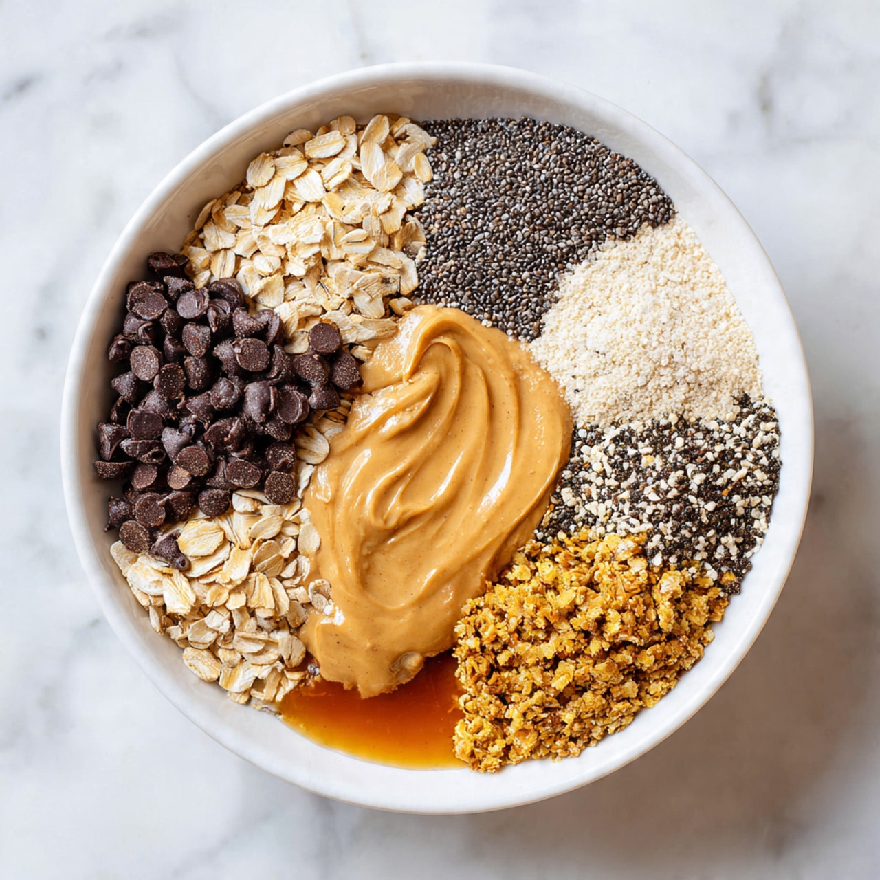 A white bowl holds seven distinct layers of ingredients arranged separately in a circle. Starting from the left, there are small dark brown chocolate chips with a shiny texture, light beige rolled oats with a rough look, a pale yellow powder, a black and white speckled chia seed mound, a golden brown flaxseed pile, a smooth and creamy light brown peanut butter dollop covering part of the bowl, and a glossy amber-colored maple syrup layer partly overlapping the peanut butter. The bowl sits on a white marbled surface. photo taken with an iphone --ar 4:5 --v 7