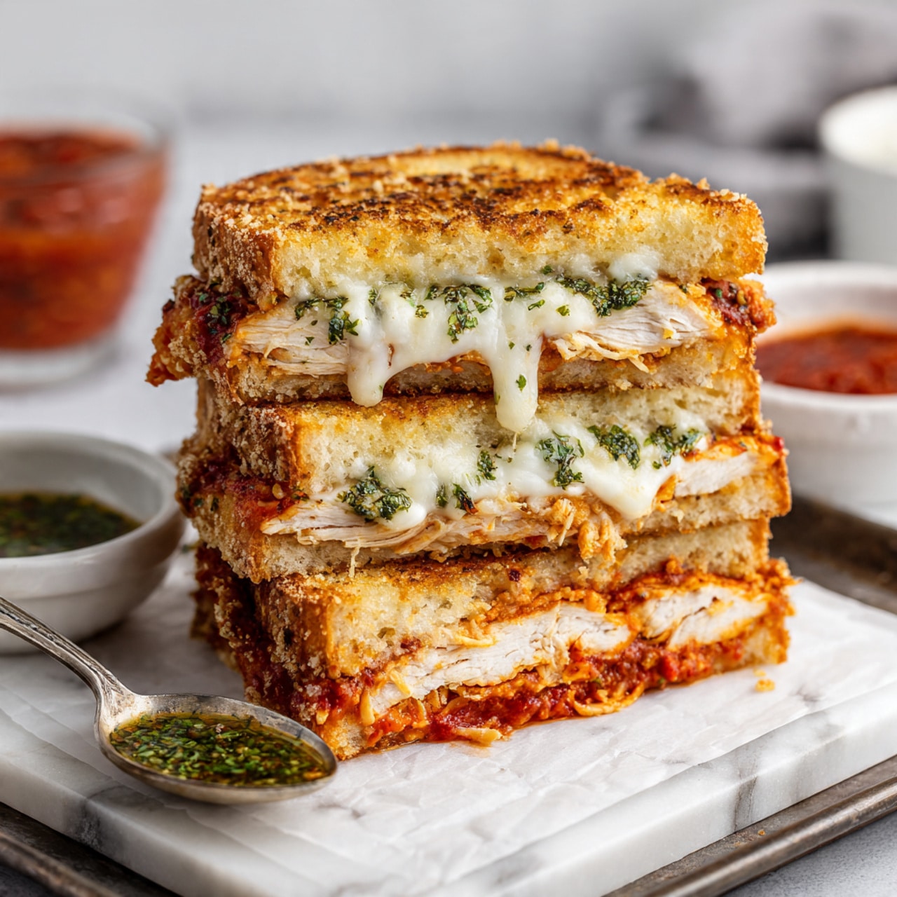 The image shows a sandwich with three main layers in a crusty, toasted bread roll. The bottom layer is a thick, golden-brown piece of cooked chicken covered with chunky, bright red tomato sauce. Above this is a layer of melted white cheese that looks soft and creamy. On top of the cheese, there is a bright green sauce, likely pesto, which adds a fresh, oily texture. The sandwich’s top piece of bread is golden brown with a crunchy, bubbly texture. The sandwich sits on white parchment paper over a surface with a white marbled texture. Photo taken with an iphone --ar 4:5 --v 7