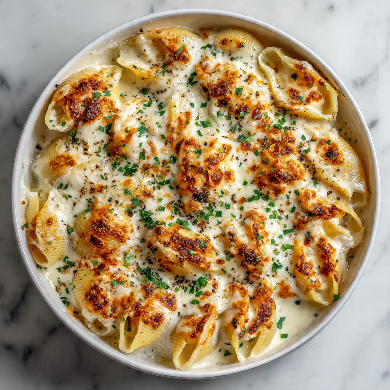 The dish shows large pasta shells filled with a creamy white cheese sauce, arranged closely in a round white bowl. The pasta has a smooth, shiny texture with some browned, slightly crisp spots on top from baking. The cheese layer on top is melted and bubbly with golden-brown speckles in places. Small pieces of chopped green herbs are scattered over the cheese, adding a contrast in color. There is also a light sprinkling of black pepper and grated cheese on the surface, giving it extra texture. The bowl sits on a white marbled surface photo taken with an iphone --ar 4:5 --v 7