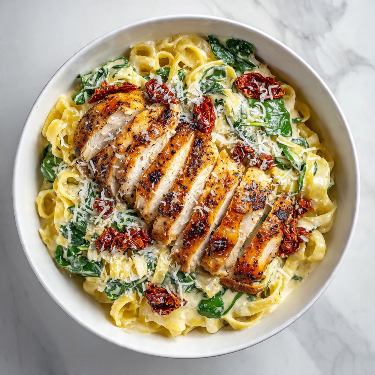A white bowl holds a creamy pasta dish with three main layers: the bottom layer is a bed of light yellow fettuccine noodles creamy with white sauce and mixed with bright green spinach leaves and small pieces of dark red sun-dried tomatoes. On top of the pasta sits a layer of sliced grilled chicken, arranged in a neat row; the chicken is golden brown with visible char marks and a juicy texture. The whole dish is lightly sprinkled with finely grated white cheese, adding a delicate texture and subtle shine. The bowl is placed on a white marbled surface. photo taken with an iphone --ar 4:5 --v 7