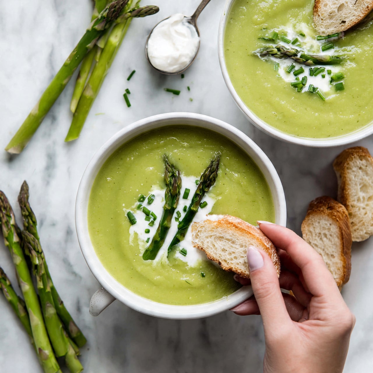 Two white bowls filled with green asparagus soup are placed on a white marbled surface. Each bowl of smooth, creamy soup has a small swirl of white cream in the center, garnished with small pieces of green chives and a stalk of asparagus resting on top. A woman's hand is dipping a small piece of white bread into the front bowl, with the bread showing the soup clinging to it. Some fresh asparagus stalks and a dollop of cream are placed nearby on the surface. Photo taken with an iphone --ar 4:5 --v 7