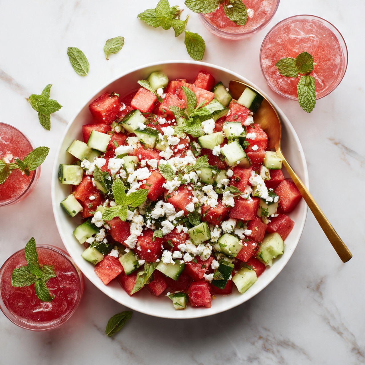 A white bowl filled with a colorful salad. The salad has two main layers: bright red watermelon cubes and green cucumber chunks mixed evenly. On top of these, there is crumbled white cheese sprinkled all over, with fresh green mint and basil leaves scattered for decoration. A golden spoon rests inside the bowl on the right side. Around the bowl are small glasses with pink watermelon drinks garnished with green mint leaves, all placed on a white marbled textured surface. photo taken with an iphone --ar 4:5 --v 7