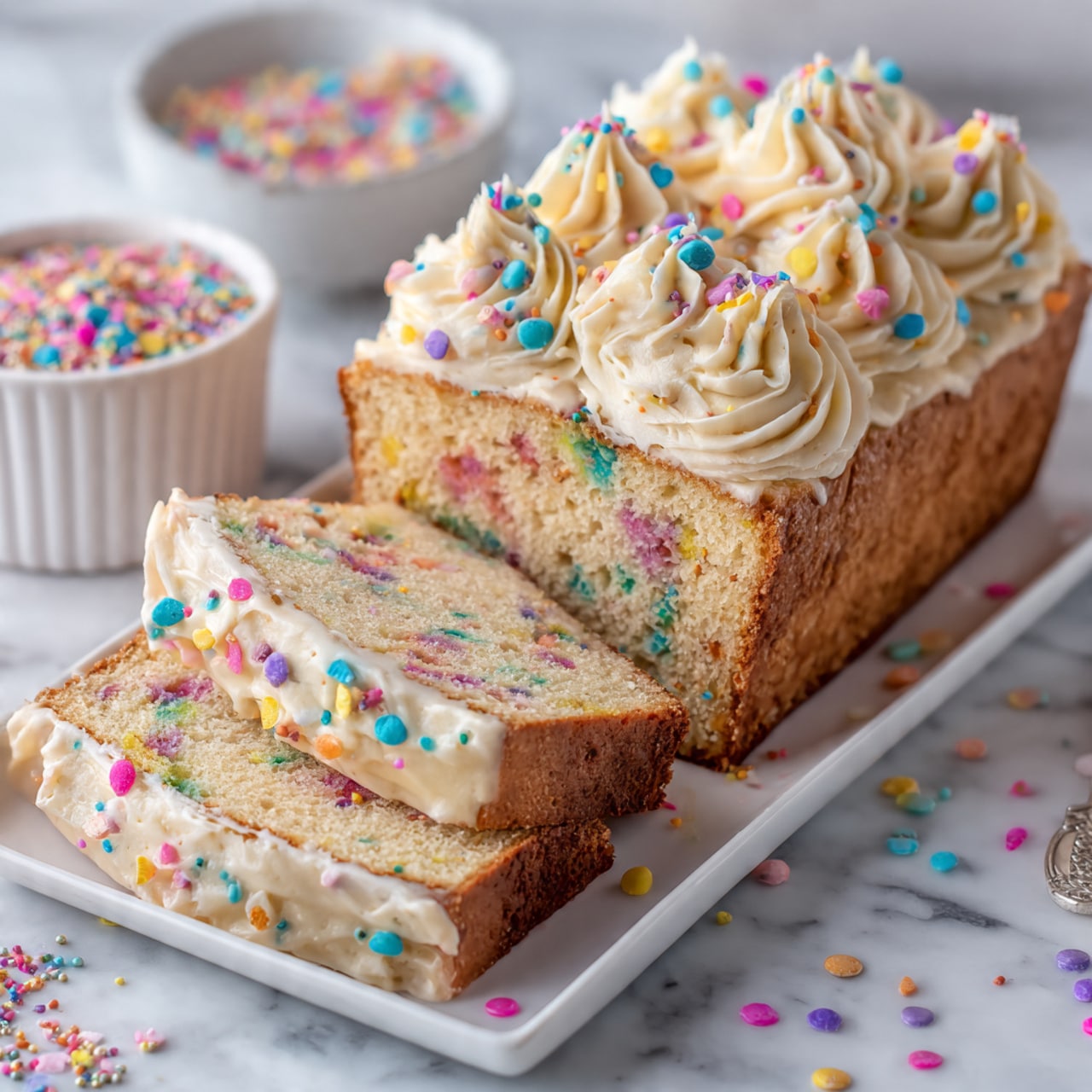 A loaf-shaped funfetti cake is shown on a white rectangular plate, partially sliced to reveal two pieces lying flat in front of it. The cake has a light beige crumb with colorful sprinkles mixed inside. The top of the loaf and the sides of the slices are covered with thick creamy white frosting, decorated with large piped rosettes and swirls. The frosting is sprinkled with small round pastel confetti sprinkles in various colors such as blue, yellow, pink, and purple. The plate sits on a white marbled textured surface, with scattered sprinkles around it and a white bowl filled with more confetti sprinkles in the background. photo taken with an iphone --ar 4:5 --v 7