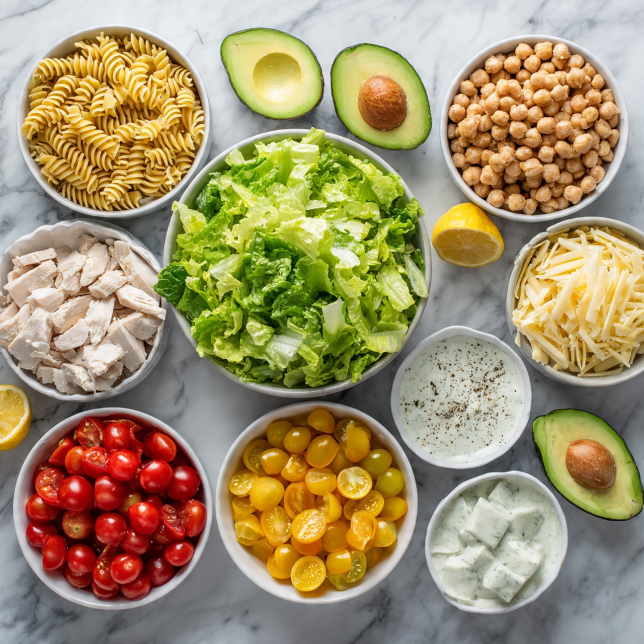 The image shows several white bowls arranged on a white marbled surface with fresh food ingredients neatly organized. In the center, a bowl is filled with bright green chopped lettuce leaves with a fresh texture. Surrounding it are a bowl with light yellow spiral pasta, a bowl of shiny red cherry tomatoes cut in halves, and another bowl with yellow cherry tomatoes also cut in halves. Nearby, there are two avocado halves showing the green flesh and brown pit, a small bowl with light brown roasted chickpeas, a bowl with shaved pale yellow cheese, and a bowl with cubed white chicken pieces. Additional elements include lemon wedges and a small dish of creamy white dressing topped with black pepper. Photo taken with an iphone --ar 4:5 --v 7