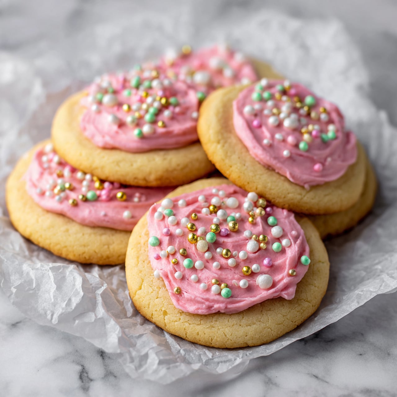 The image shows five soft round cookies with a light golden color and smooth texture. Each cookie has one thick layer of pink frosting spread evenly across the top, slightly swirled with a creamy look. On top of the frosting, there are many small round sprinkles in white, pastel green, pastel pink, and shiny gold, scattered mainly in the center area of each cookie. The cookies rest on crumpled grey parchment paper, which sits on a white marbled textured surface. Photo taken with an iphone --ar 4:5 --v 7