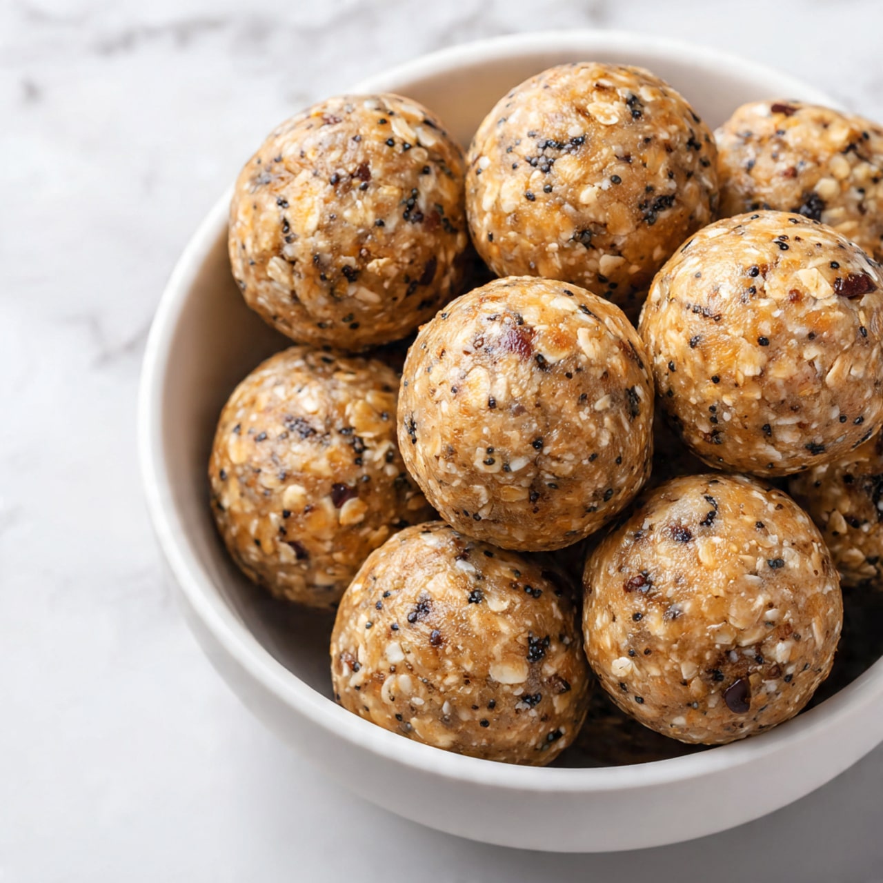 The image shows a close-up of several round, light brown energy balls filled with dark specks, oats, and seeds giving them a textured look. They are tightly packed together inside a white bowl. The balls have a slightly shiny surface, with some small cracks and uneven spots, showing a natural, homemade feel. The background has a white marbled texture. photo taken with an iphone --ar 4:5 --v 7