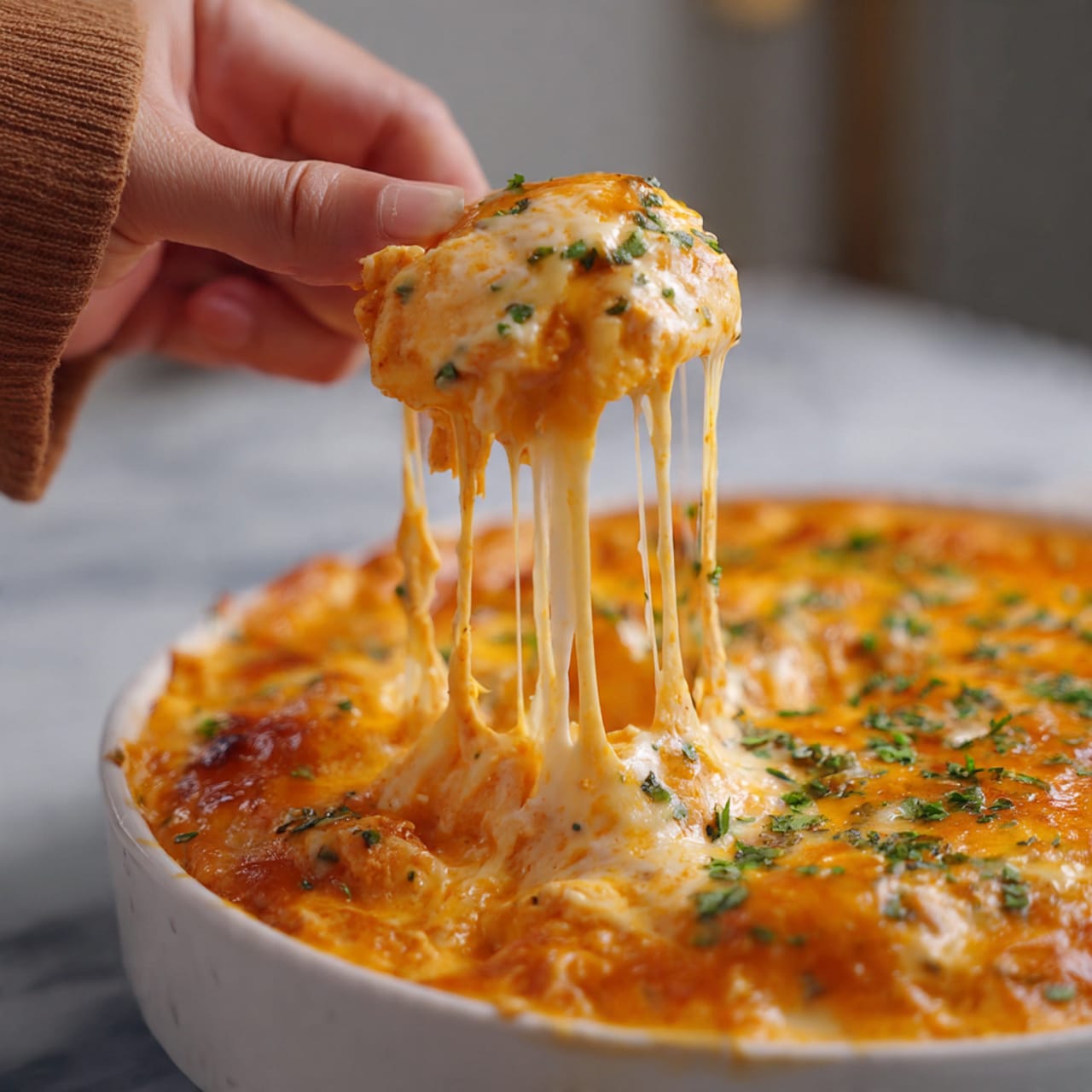 A close-up view of a woman's hand holding a scoop of thick, creamy dip from a white marbled surface. The dip has one main layer, bright orange-yellow in color, rich and smooth with melted cheese stretching down from the scoop. The texture is soft and gooey with small herbs sprinkled lightly on top. The background shows more of the same cheesy dip, slightly blurred, filling a white bowl. Photo taken with an iphone --ar 4:5 --v 7