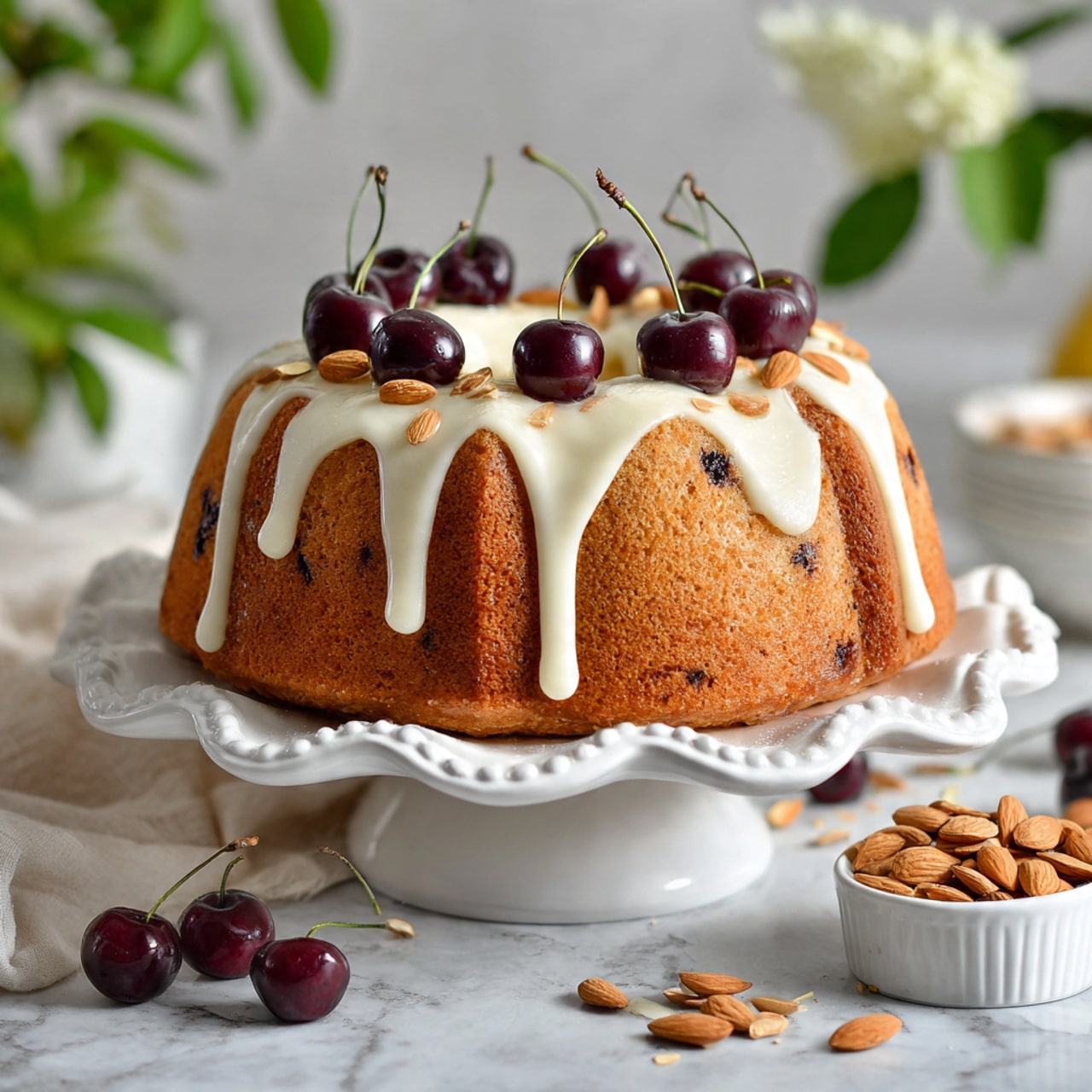A round bundt cake sits on a white cake stand with wavy edges, with one visible layer of golden brown cake that has small dark spots inside. On top, there is a smooth white glaze dripping gently down the sides in thick drops. Several whole dark red cherries with stems are placed evenly on the glaze, along with scattered light brown almond slices. Around the base, there is a small white ramekin filled with almond slices and some loose slices nearby. The scene is set on a white marbled surface with a soft, light cloth and a blurred green plant in the background. Photo taken with an iphone --ar 4:5 --v 7