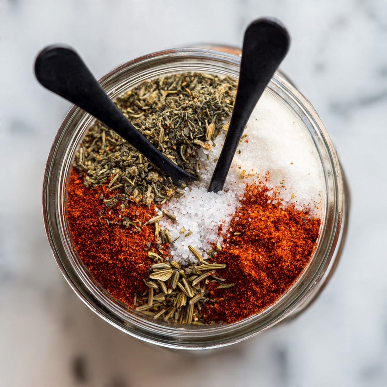 A clear glass jar filled with layers of dry spices is shown from above. The bottom layer is white salt, covered by a thin layer of dark green dried herbs, then a thick layer of bright red paprika spread unevenly. On top, small dried herb pieces are scattered around and a little bit of white powder is visible in the center. Two black spoons are placed inside the jar, angled slightly apart. The jar is on a white marbled surface. Photo taken with an iphone --ar 4:5 --v 7