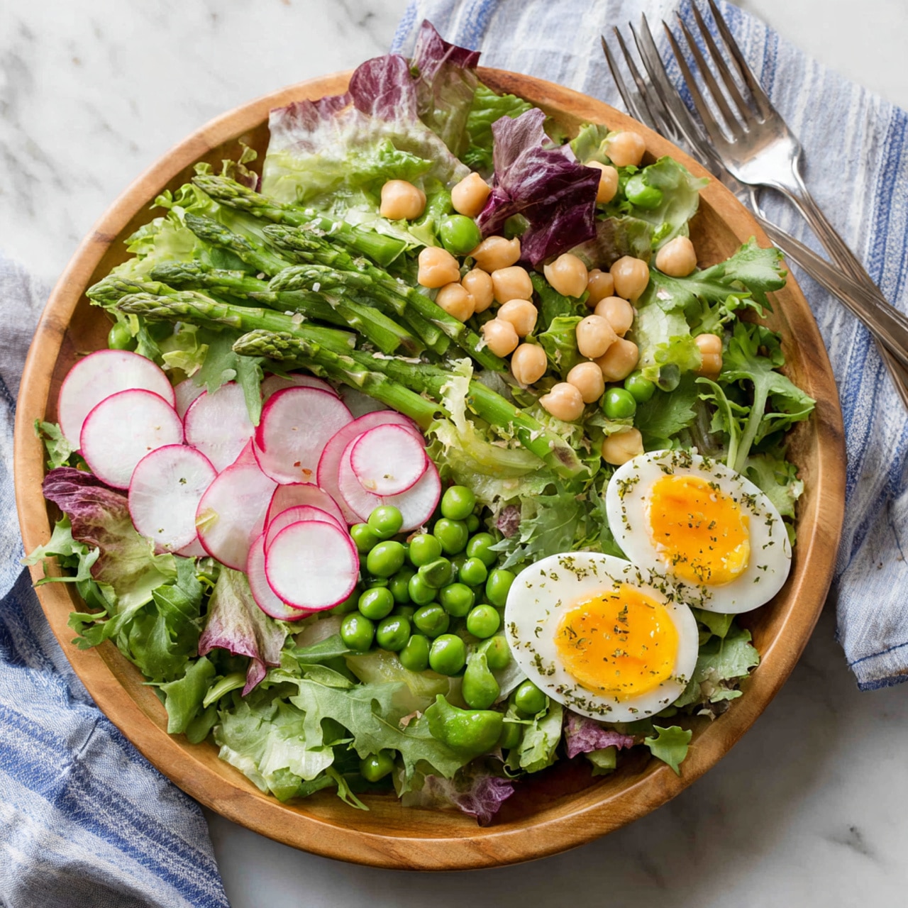 A wooden plate holds a fresh salad with multiple layers: the base layer is a mix of green arugula and lettuce leaves with light purple edges, scattered with sliced radishes showing white centers and red skin. On top, there are bright green asparagus pieces and green peas, along with light-colored chickpeas scattered across. Two halved soft-boiled eggs with bright yellow yolks are placed near the front edge, slightly covered in green herbs and black pepper. The plate sits on a white marbled surface with two silver forks nearby and a blue and white striped cloth partially under the plate. Photo taken with an iphone --ar 4:5 --v 7