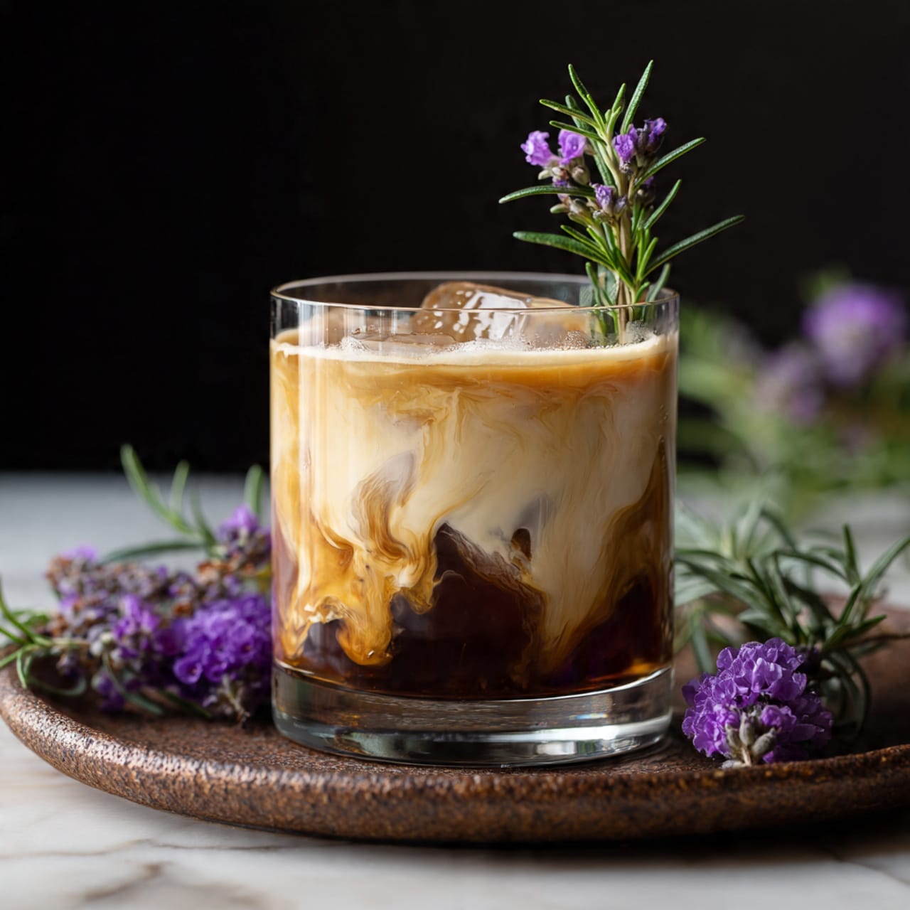A clear glass holds a three-layer iced coffee drink with the bottom layer dark brown, the middle swirling with creamy light beige, and topped with a foamy light brown layer. A sprig of green rosemary with a purple flower stands upright inside the drink. The glass sits on a round, rustic brown textured tray, with more lavender sprigs lying beside it. The scene is set against a dark background on a white marbled surface. Photo taken with an iphone --ar 4:5 --v 7