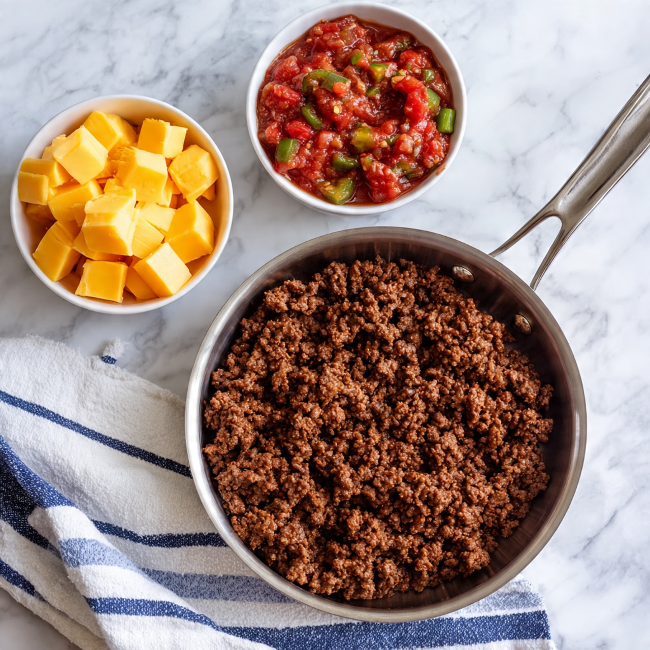 The image shows a shiny stainless steel pan filled with cooked ground beef, evenly spread out with a crumbly texture in dark brown color. Above the pan, there are two small white bowls placed on a white marbled surface; the left bowl contains bright yellow cubed cheese with smooth edges, while the right bowl is filled with a chunky red tomato salsa mixed with pieces of green peppers and visible seeds. A white cloth with blue stripes is placed beneath the pan handle on the lower left side of the image. Photo taken with an iphone --ar 4:5 --v 7