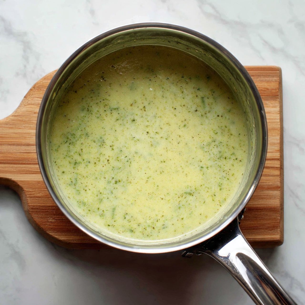 A shiny metal saucepan filled with smooth, light green soup that has tiny darker green specks inside. The soup fills the pot close to the top and the sides of the pot show some soup residue. The pan is placed on a light wooden board, which sits on a white marbled surface. The pan handle extends to the right side, showing a reflective metal texture. Photo taken with an iphone --ar 4:5 --v 7