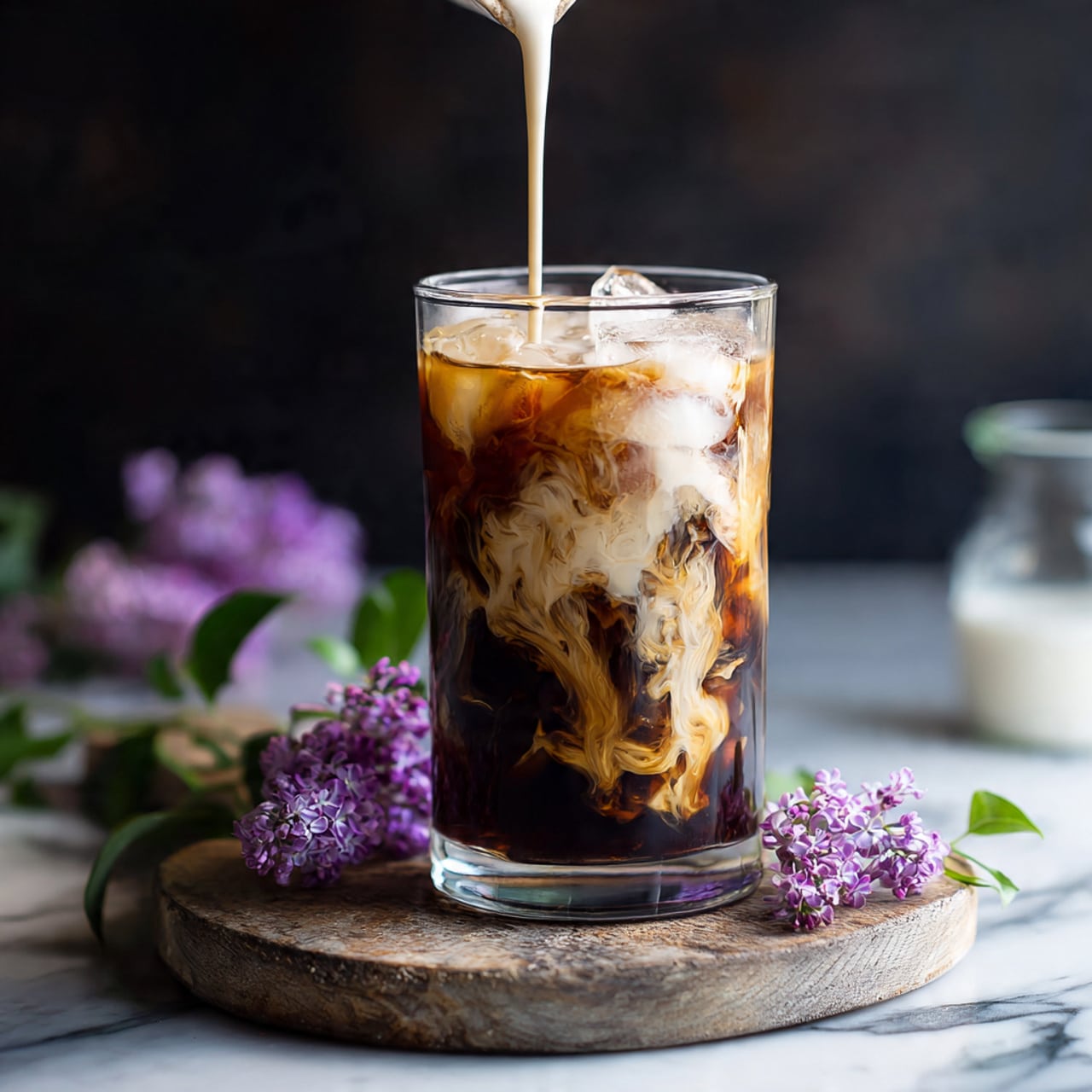 A clear glass filled with dark iced coffee contains visible ice cubes and swirling light cream being poured down from above, creating soft marble-like patterns mixing brown and cream colors in the glass; the glass sits on a worn round rustic board with some small purple flowers and green leaves to the side, all placed on a white marbled surface with a dark background. photo taken with an iphone --ar 4:5 --v 7
