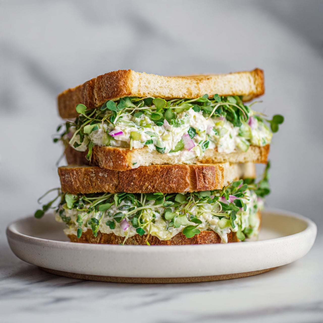 The image shows two stacked sandwiches on a round white plate, placed on a white marbled surface. Each sandwich has two slices of golden brown, toasted bread that looks crisp. Between the bread layers, there is a thick, creamy filling made of finely chopped light green and white vegetables, and small pieces of purple onion mixed with fresh green sprouts spilling out slightly. Some loose green sprouts are scattered around the plate. The background is softly blurred with hints of green and red colors. Photo taken with an iphone --ar 4:5 --v 7