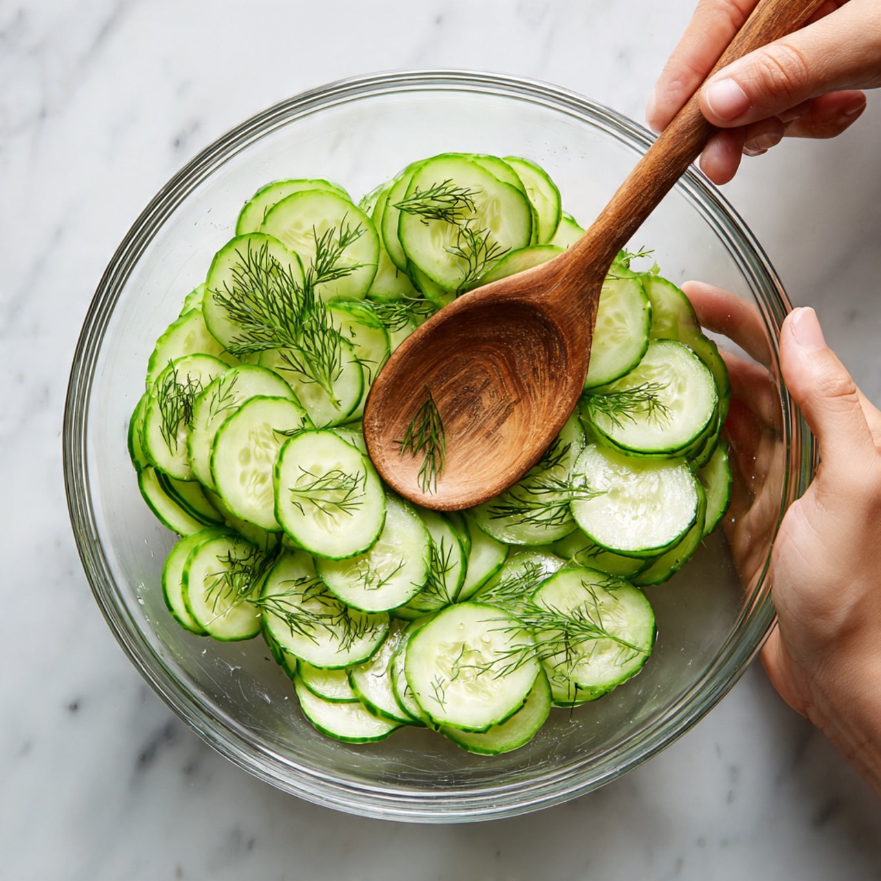 A clear glass bowl filled with thin, pale green cucumber slices layered evenly with small bright green dill sprigs scattered across and on top, a wooden spoon resting inside the bowl near the edge, and a woman's hand holding the bowl on the right side, all placed on a white marbled surface photo taken with an iphone --ar 4:5 --v 7
