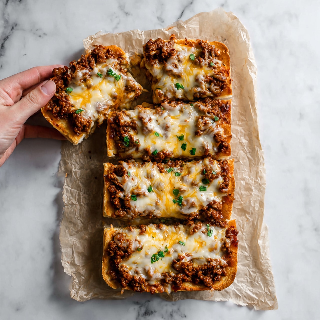 The image shows a rectangular pizza with five visible slices on a piece of crumpled baking paper, placed on a white marbled surface. The pizza has a thick, golden-brown crust as the base layer. On top, there is a layer of ground meat in a rich brown color, spread unevenly but fully covering the crust. Over the meat, there is a thick layer of melted cheese with a mix of white and orange-yellow colors, draped smoothly, with some cheese oozing slightly over the edges. Small sprinkles of chopped green herbs are scattered on the cheese, adding a fresh touch. The top slice on the left shows a woman's hand holding it slightly lifted, revealing the layers underneath. photo taken with an iphone --ar 4:5 --v 7