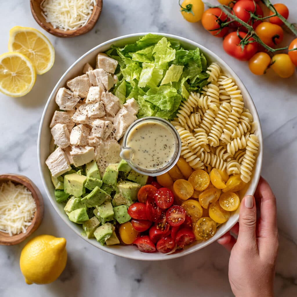 Creamy Lemon Parmesan Pasta Salad with Chicken and Veggies Recipe