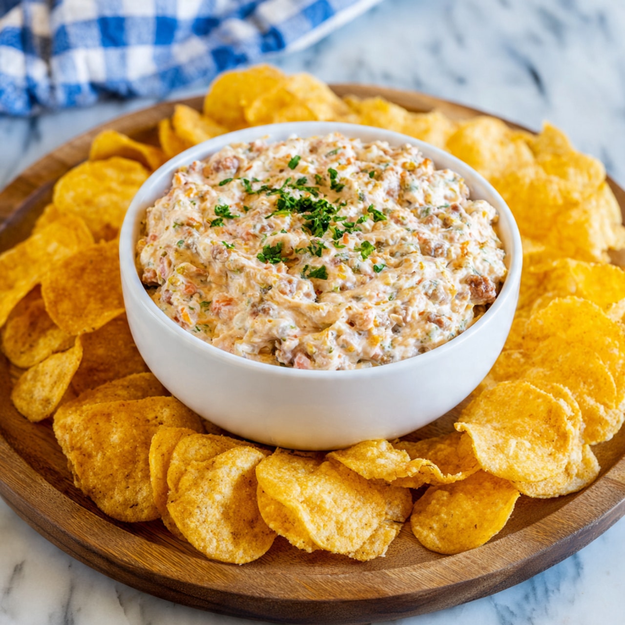 A white bowl filled with a creamy, chunky dip that has a mix of light beige, pink, and darker pieces, topped with small bright green chopped herbs scattered on top; the bowl is placed on a round wooden board surrounded by a plentiful layer of golden, curved chips with a crisp texture; the setting includes a white marbled surface beneath and a blue and white checkered cloth partially visible under the board, photo taken with an iphone --ar 4:5 --v 7