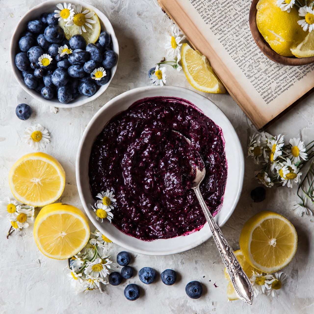 A white bowl holds a thick, dark purple blueberry mixture with a creamy texture, spread unevenly and smashed with a clear line left in the center; a silver spoon with an ornate handle rests inside the bowl on the right side. Around the bowl, fresh, whole blueberries and bright yellow lemon slices are scattered on a white marbled surface. At the top left, a white bowl piled with fresh blueberries and lemon slices sits, accented by small white chamomile flowers with yellow centers. An open book lies to the top right, partially covered by a small wooden bowl filled with lemon slices and a few chamomile flowers. The scene is lit naturally and feels rustic and fresh, photo taken with an iphone --ar 4:5 --v 7