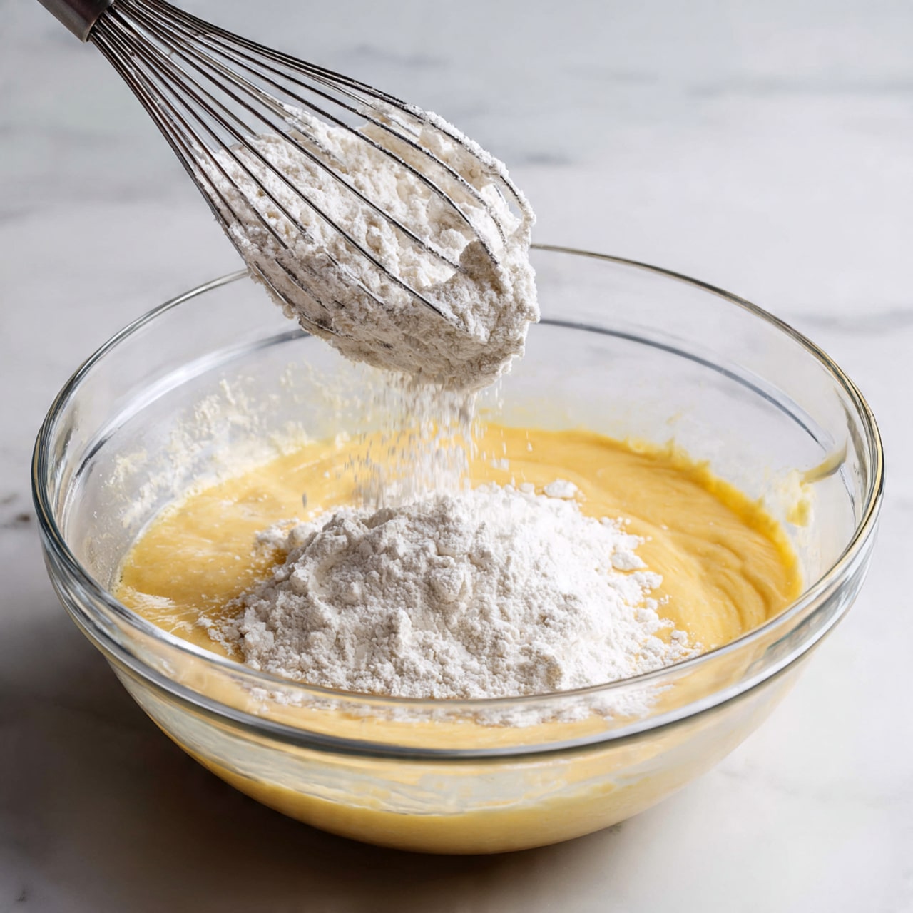 A clear glass bowl filled with light yellow batter sits on a white marbled surface. A silver whisk is partially inside the bowl, mixing the batter. White flour is being poured into the bowl from above, creating a small mound on the batter. The motion of pouring flour is visible as a soft blur in the image. Photo taken with an iphone --ar 4:5 --v 7