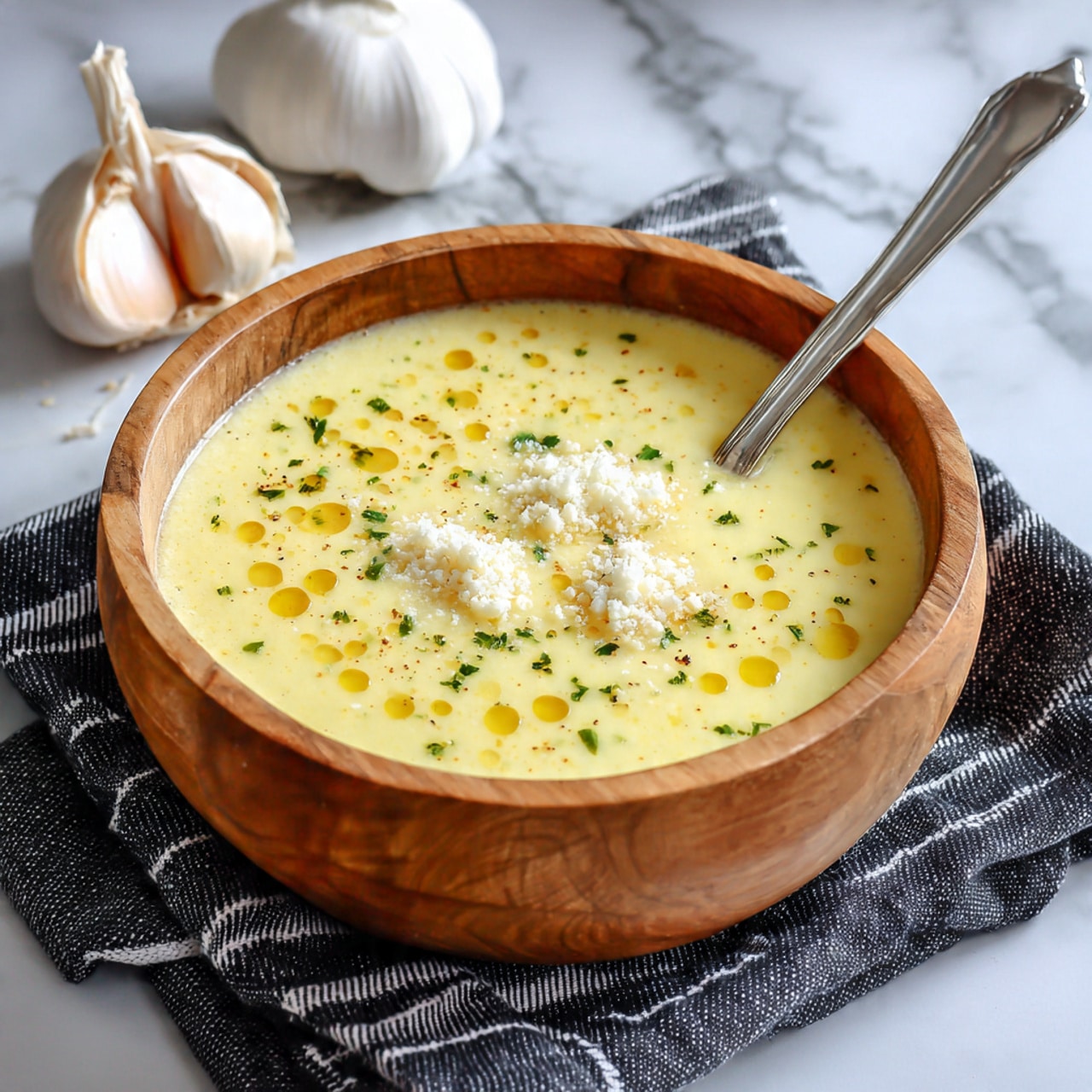 A wooden bowl filled with creamy orange soup that has small oil droplets on the surface. The soup is topped with fresh green chopped herbs scattered mainly on one side. A silver spoon is dipped into the soup, scooping some up, showing the smooth texture. The bowl rests on a gray striped cloth on a white marbled surface, with a blurred garlic and green herb in the background. Photo taken with an iphone --ar 4:5 --v 7
