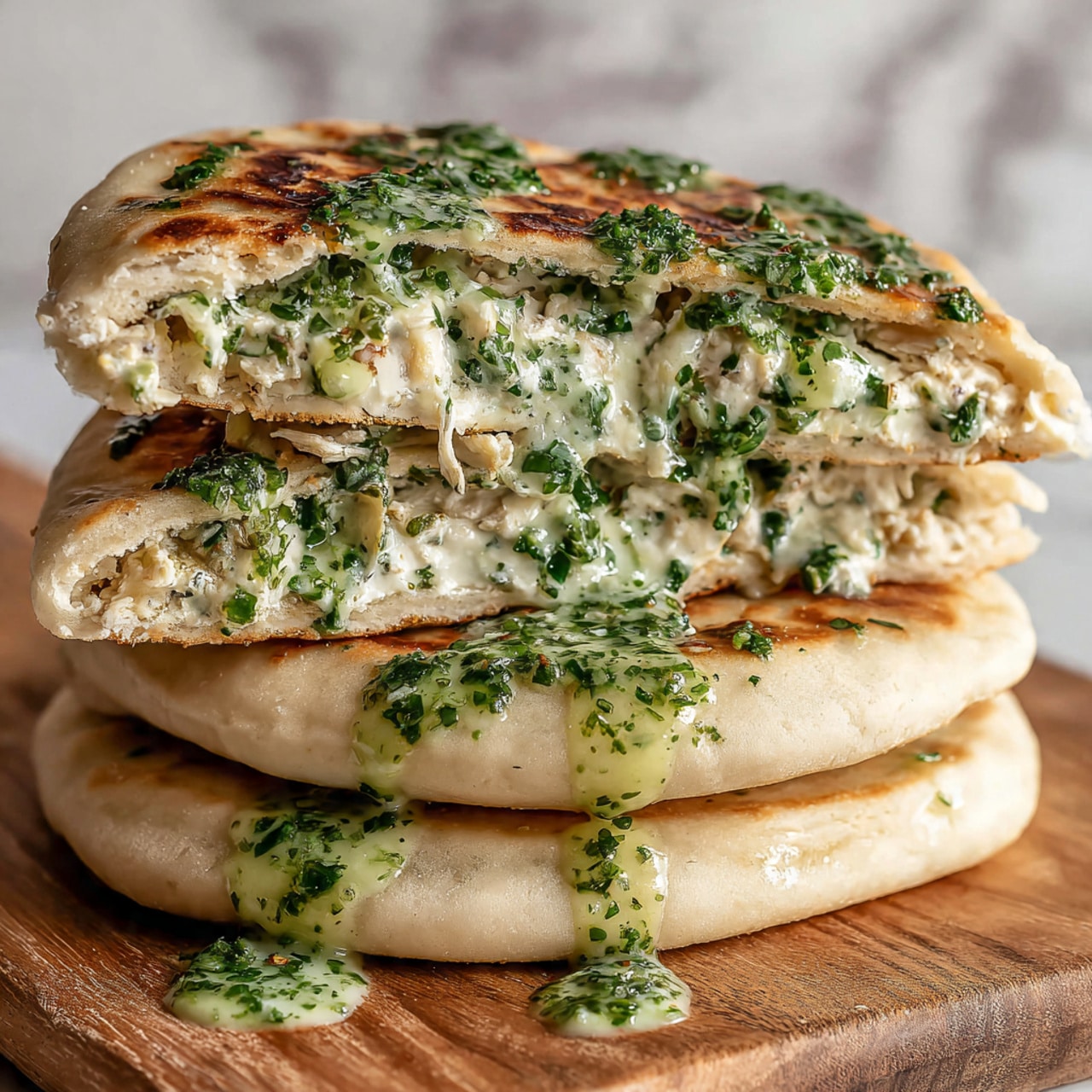 The image shows a stack of three round flatbreads with green herb sauce drizzled on top and running down the sides. The bottom two pieces are whole, soft, and slightly beige with a smooth texture, while the top flatbread is cut in half, revealing a thick, creamy white cheese and chopped green leafy vegetable filling inside. The filling looks moist and crumbly with vibrant green bits mixed throughout. The stack sits on a wooden board, and the background is blurred with a white marbled texture. Photo taken with an iphone --ar 4:5 --v 7
