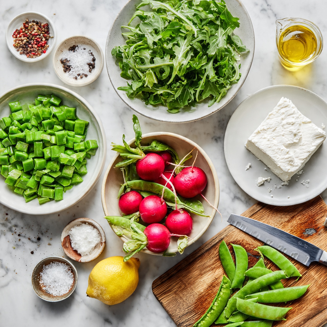 The image shows a white marbled surface with several bowls and loose ingredients arranged around it. On the top left, there is a white bowl filled with chopped green snap peas, and above it, another white bowl with fresh green arugula leaves. To the right, a white plate holds a block of white crumbled cheese. In the center, a smaller beige bowl contains bright red radishes with a few green leaves still attached. At the bottom left, there is a squeezed lemon half, an open bottle of olive oil, and small bowls of salt and mixed peppercorns. On the bottom right, a wooden cutting board displays whole and sliced green snap peas, beside a large kitchen knife with pea pieces on its blade. photo taken with an iphone --ar 4:5 --v 7