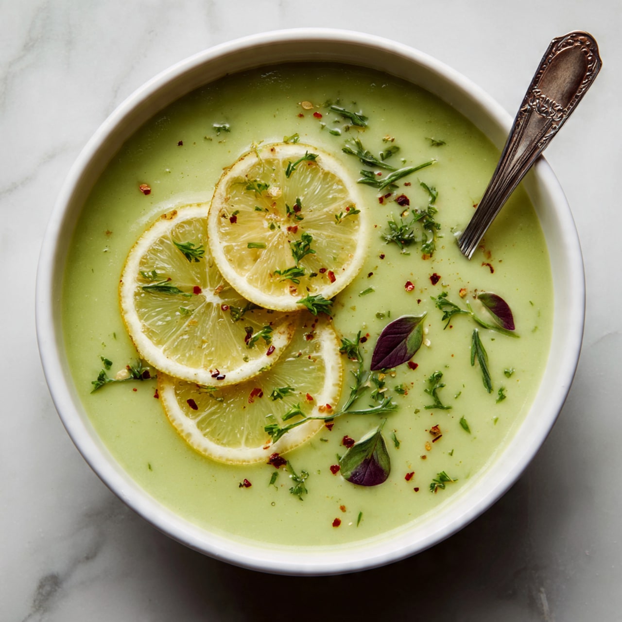 A bowl of smooth green soup fills the frame, with a creamy texture and a light green color. Three thin lemon slices lay on top in the center, slightly overlapping each other, with small purple and green leaves scattered around. There are tiny red pepper flakes and finely chopped green herbs sprinkled evenly over the soup. A silver spoon with an ornate handle rests inside the bowl on the right side. The bowl is white, and the surface below has a white marbled texture. Photo taken with an iphone --ar 4:5 --v 7