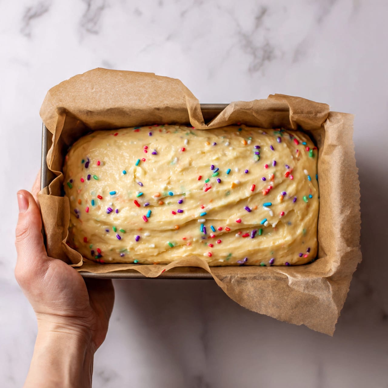 A loaf pan lined with brown parchment paper holds a thick layer of pale yellow cake batter that fills the pan almost to the top. The batter is studded with small round colorful sprinkles scattered evenly throughout, adding red, blue, green, purple, and yellow spots. The surface of the batter is smooth but with some small swirls and ridges made by spreading, giving it a slightly textured look. The loaf pan is held by a woman's hand, and the background is a white marbled texture. photo taken with an iphone --ar 4:5 --v 7
