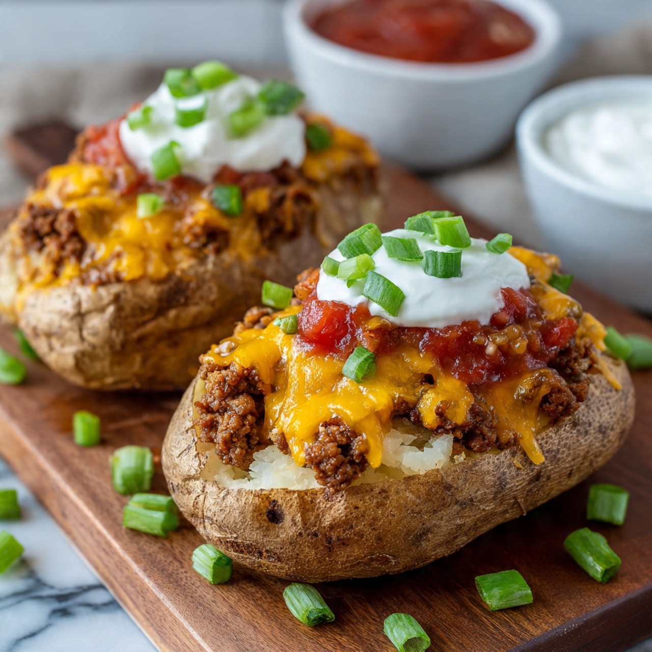 The image shows two baked potatoes on a wooden surface. Each potato has three layers: the base is the brown, rough potato skin; the middle layer is a mix of mashed potato and seasoned ground meat inside the potato, topped with melted orange cheddar cheese that covers the filling unevenly. The top layer features a dollop of white sour cream with bright red salsa on top, garnished with small green slices of green onion. Scattered around the potatoes are some extra green onion pieces. A white marbled surface is partially visible in the background, with a white bowl containing more red salsa in the corner. Photo taken with an iphone --ar 4:5 --v 7